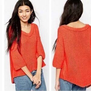 Free People Park Slope Open Knit Sweater Orange Women’s Size S Relaxed Boho